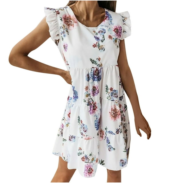 Leutsin Women's Summer Casual Round Neck Flower Print Ruffle Knee-Length Stitching Dress