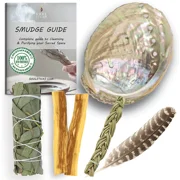 Cleansing Sage Smudge Kit | Eucalyptus Smudge Stick, Sweetgrass Braid, 2 Palo Santo Sticks, Abalone Shell, & Feather Smudging Kit for Meditation, Yoga, Reiki, Home Cleansing