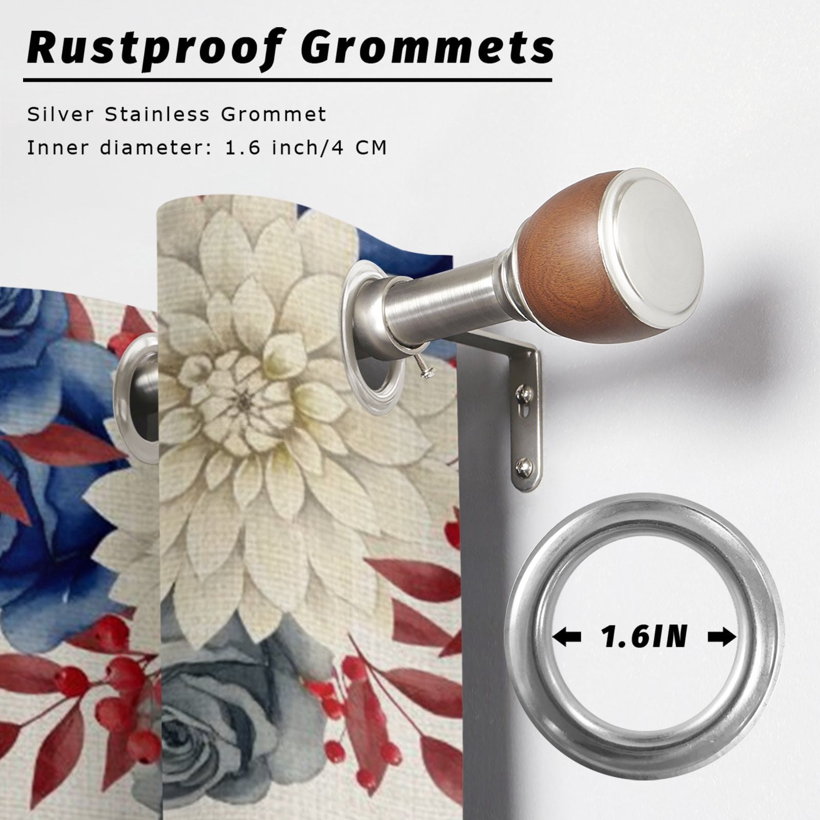 Happy Independence Day Outdoor Curtains for Patio, Red Blue Rose Dahlia Floral Rustic Sunshade Privacy Drapes Grommet Waterproof Outside Curtains for Porch/Cabana/Balcony 54"x 108", 1 Panel