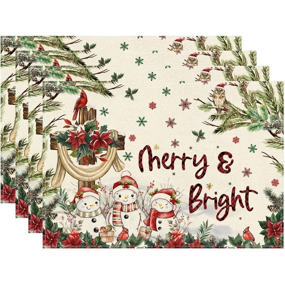 Snowman Christmas Cross Poinsettia Florals Winter Xmas Placemats Set of 4 Table Mats for Party Home Kitchen Dining Table Decorations 12x18 Inch