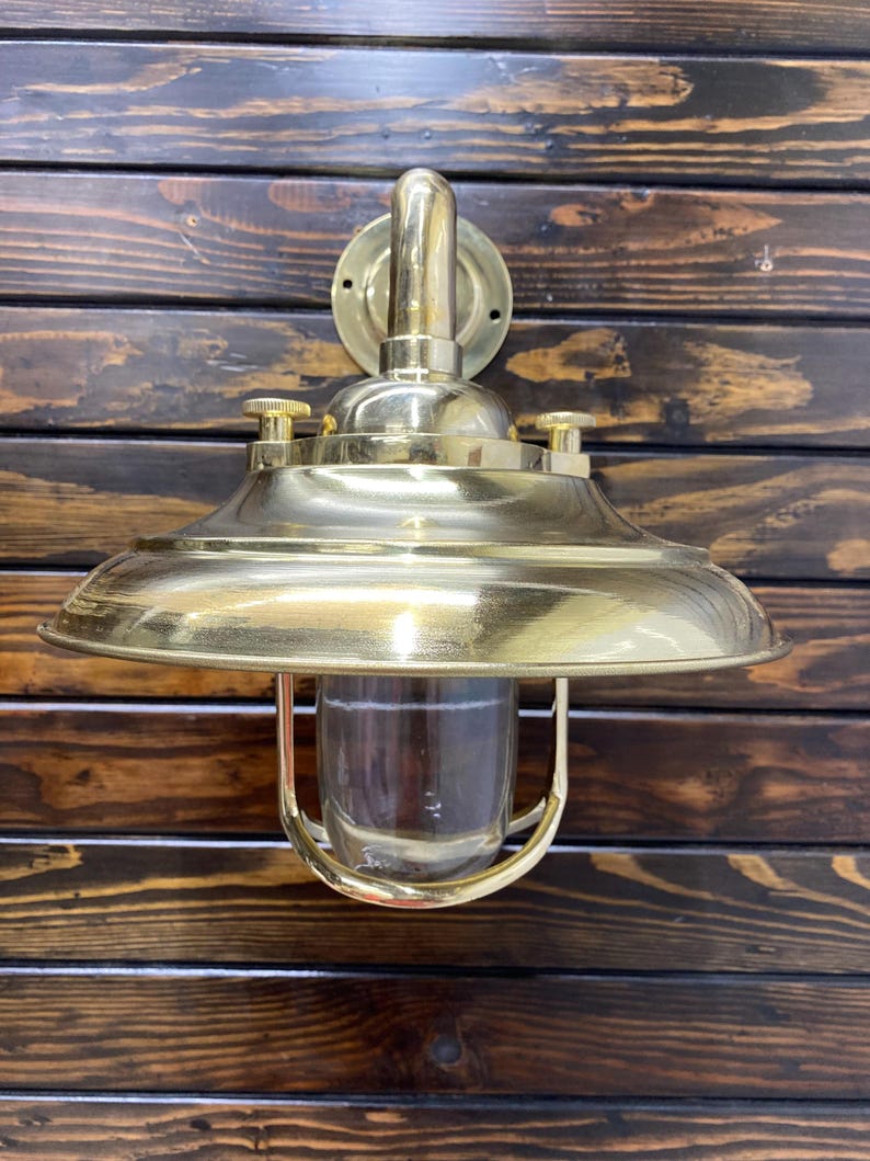 Vintage Brass Bulkhead Wall Sconce – Maritime Industrial Ship Passage Light with Deflector Shade