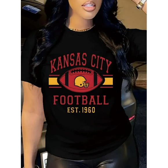 1pc Kansas City Football Club Est. 1960 Graphic Tee, Women'S Polyester Crew Neck T-Shirt, Casual Short Sleeve Knit Top for All SeasonsFather's Day, Mother's Day, New Year, Spring Festival, Valentine