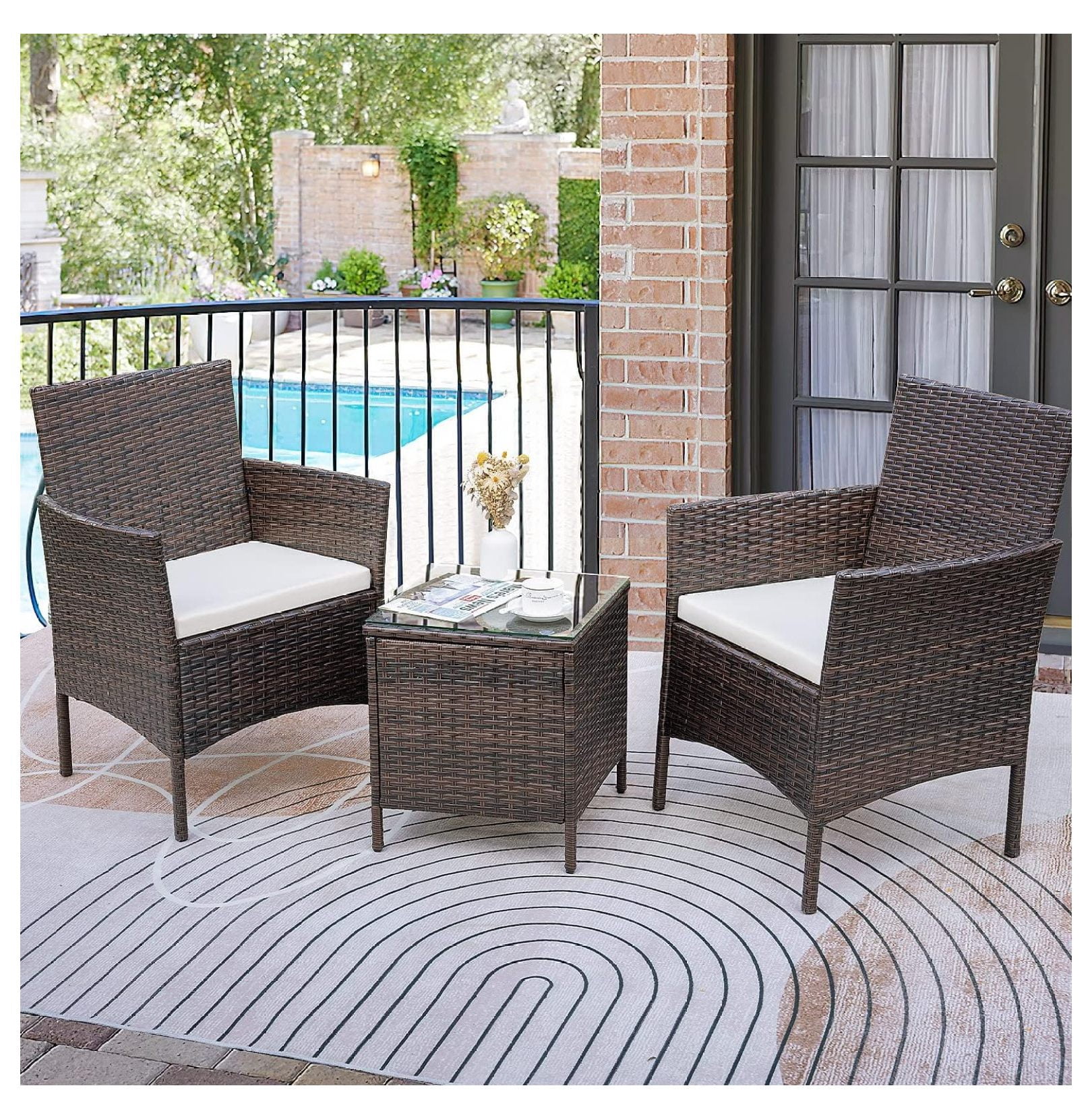 Patio Chairs Set of 2 Outdoor Front Porch Furniture Bistro Set 3 Piece Wicker Patio Chairs Balcony Furniture for Backyard Patio Balcony Lawn Pool (Brown)