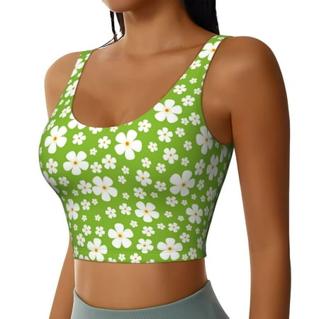 Haiem Green White Flowers Pattern Womens Sports Bra - U Neck Padded Low Impact Yoga Bra Workout Crop Top Gym Moisture-Wicking Workout Vest -X-Large