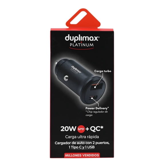 Cargador de Auto Duplimax Platinum 20 W PD+QC Negro