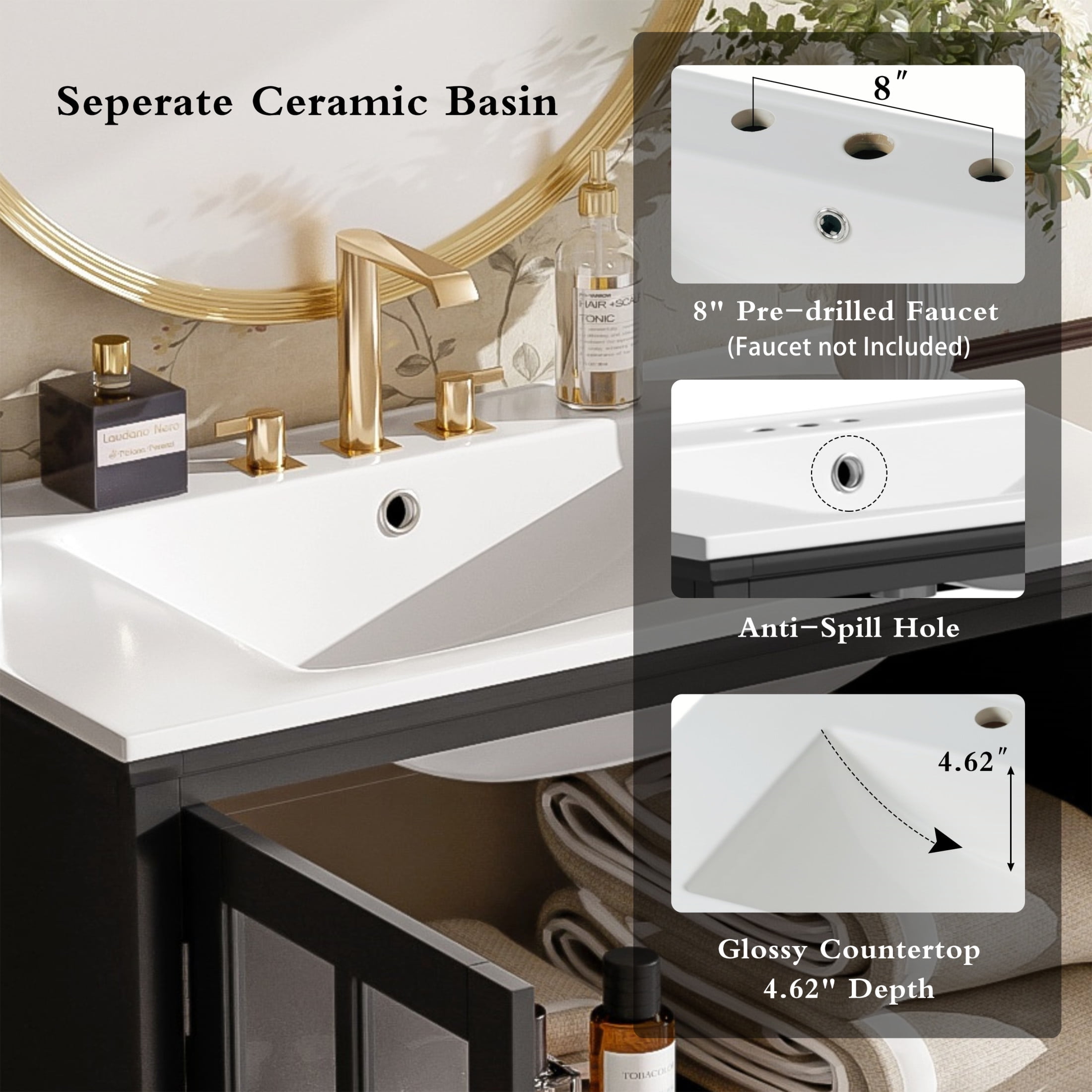 Christopher Knight Home 30" Bathroom Vanity with Ceramic Sink, Blurred Glass Doors, Wood Frame, Black