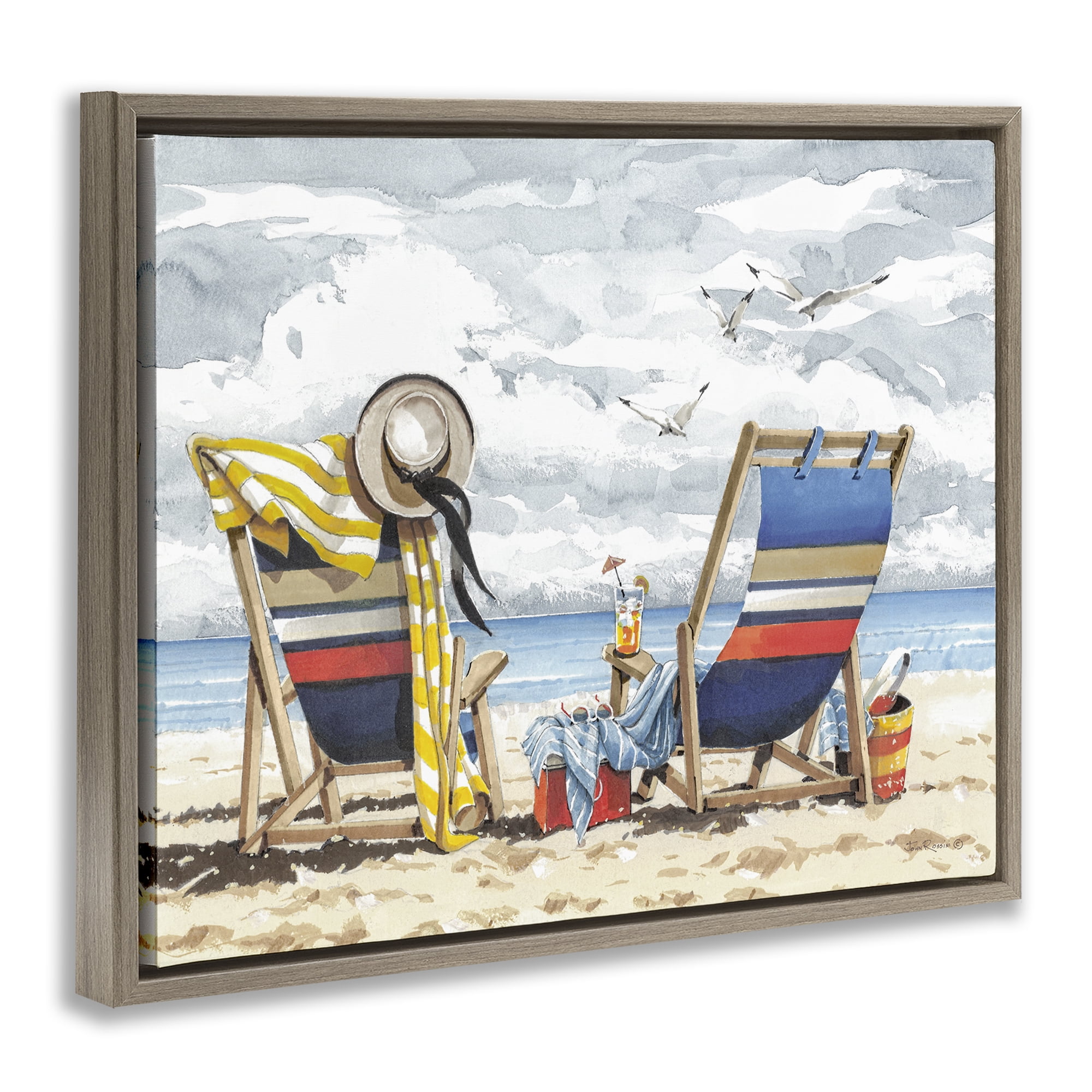 Stupell Industries Peaceful Beach Chairs Hangout Landscape & Nature Painting Brown Floater Framed Canvas Art Print Wall Art, 31 x 25