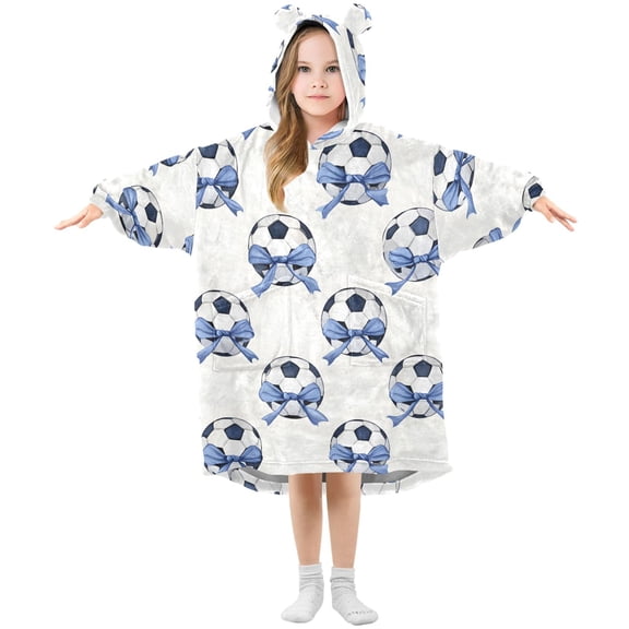 Soccer with Bows Pattern Kids Wearable Blanket Hoodie Toddler Oversized Sherpa Sweatshirt 3-14 YR M