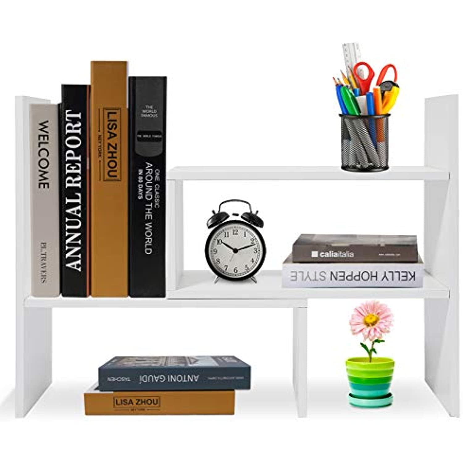 White PAG Wood Desktop Bookshelf Assembled Countertop Bookcase Literature Holder Accessories Display Rack Office Supplies Desk Organizer 