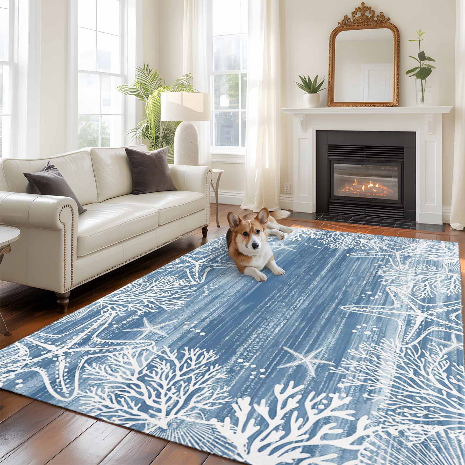 Blue Coastal Nautical Area Rugs 8'x10', Washable Small Throw Rugs for Living Room Patio, Summer Ocean Sea Waves Starfish Coral Indoor Outdoor Rug Non-Slip Low Pile Carpet Runner Reversible Floor Mats