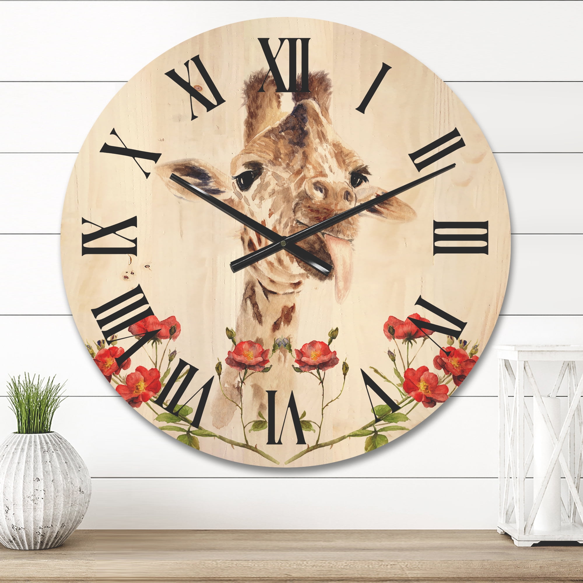 Designart 'Portrait of A Giraffe With Red Flowers I' Farmhouse Wood Wall Clock