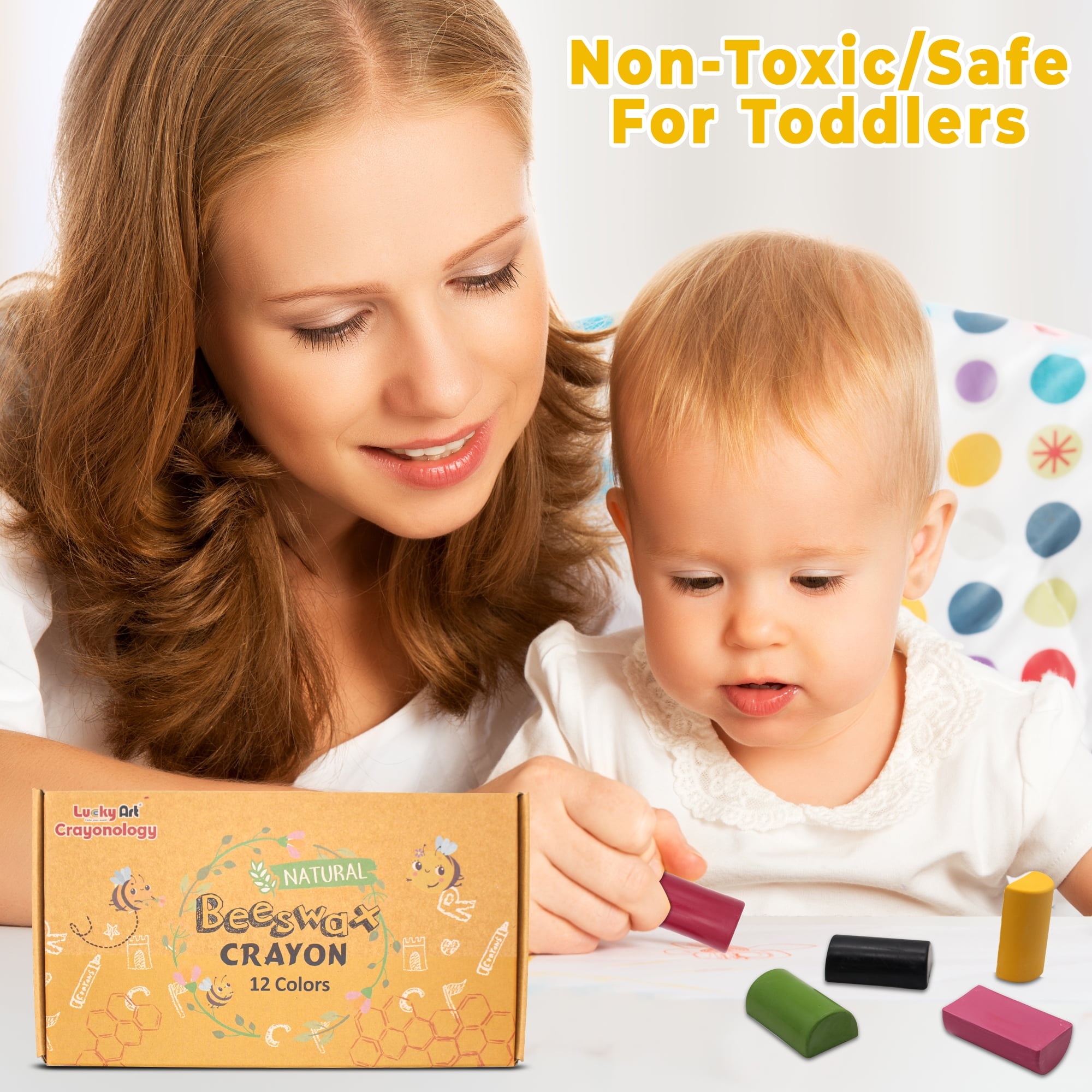 Lucky Art Natural Beeswax Crayon 12 Colors, Toddler Crayons, Non Toxic, Safe for Toddlers, Kids and Children, 12 Piece Count
