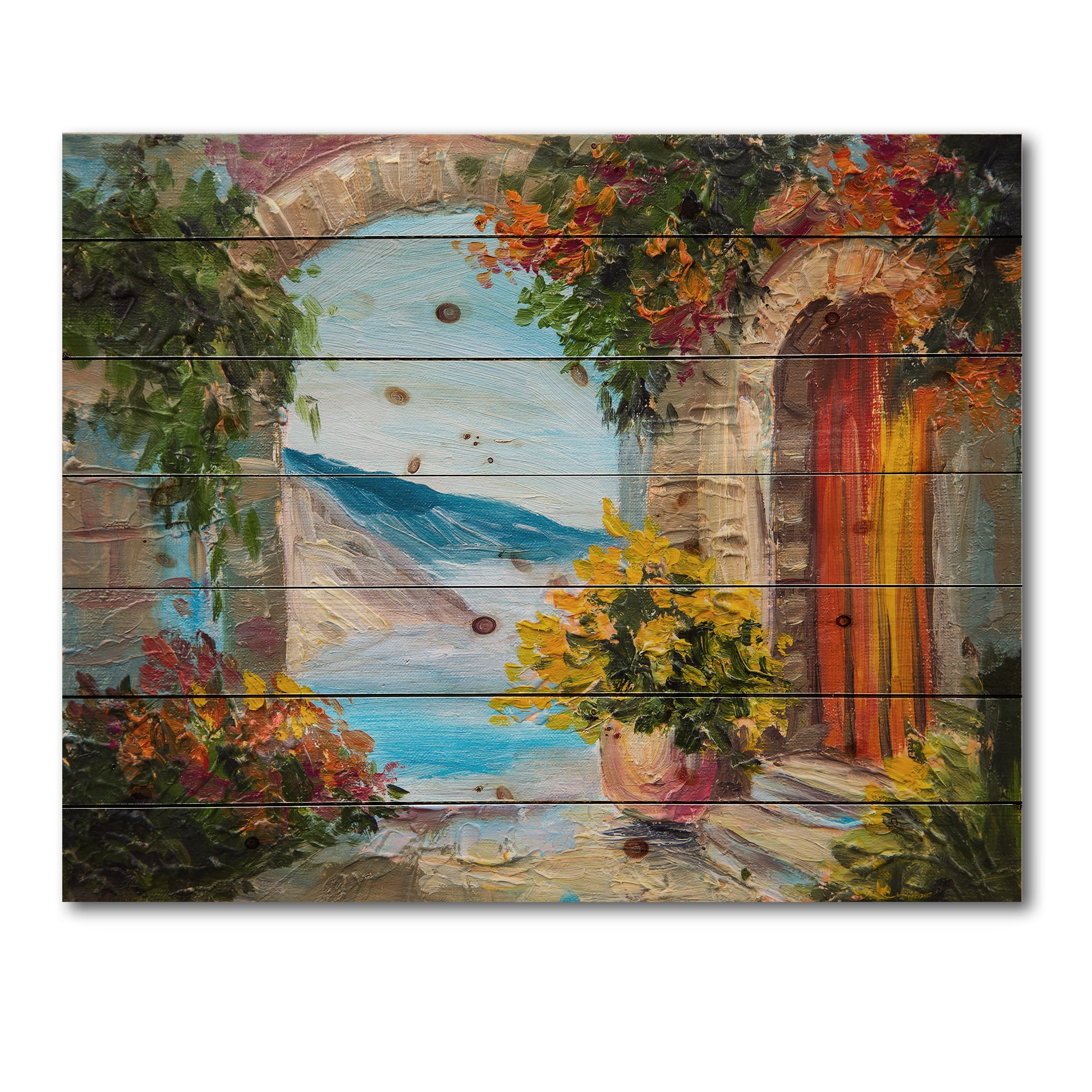 Designart 'House With Colorful Flowers Near The Sea Summer Season' Nautical & Coastal Print on Natural Pine Wood