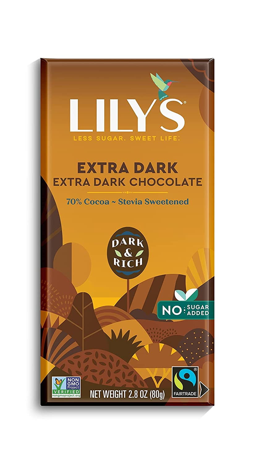 Extra Dark Chocolate Bar by Lily's | Made with Stevia, No Added Sugar, Low-Carb, Keto Friendly | 70% Cocoa | Fair Trade, Gluten-Free & Non-GMO | 2.8 ounce