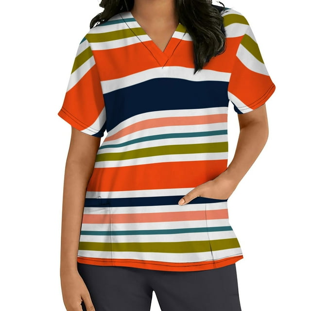 Snoarin Summer Plus Size Tops for Women Tops Short Sleeve V-neck Tops Working Uniform Stripe Print With Three Pockets Blouse Work Uniforms for Women on Clearance