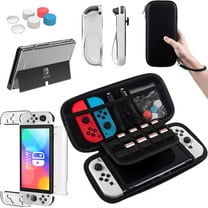 Teyomi 9 in 1 Kids Console Case and Organiser Accessory Set Compatible with Nintendo Switch OLED Model 2021 with 1HD Screen Protector 6 Silicone Finger Nut Caps-Black
