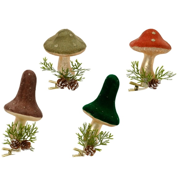 Glass Mushroom Clip Ornaments – Blown Glass Christmas Decorations, Set of 4