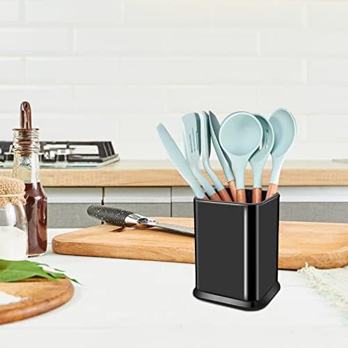 Stainless Steel Kitchen Utensil Holder for Countertop, Spoon Spatula Organizer,Modern Rectangular Large Cooking Utensil Caddy Counter,Utensil Crock (Stainless Steel Black)