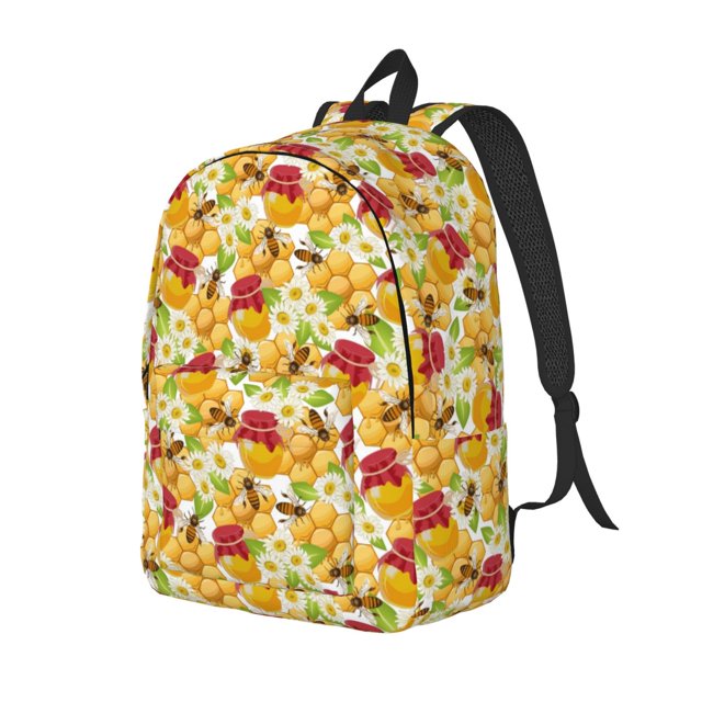 Disketp Bees Honeycomb Jars Of Honey Flowers print Canvas Backpack Lightweight Travel Daypack Student Rucksack Laptop Backpack-