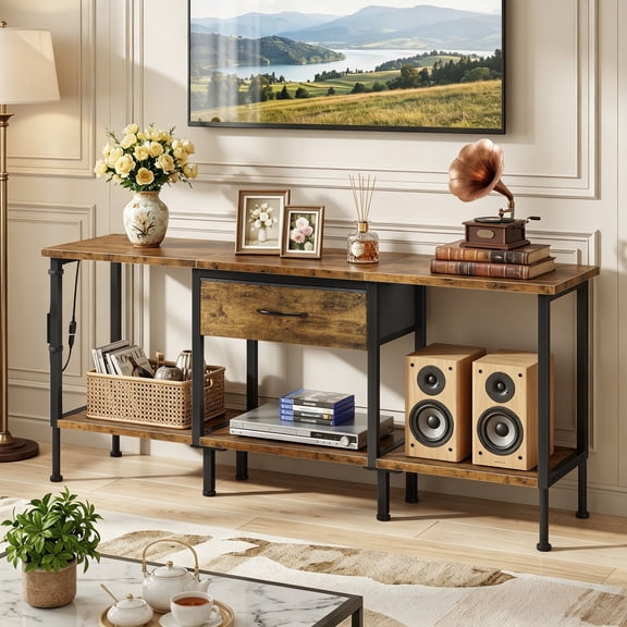 HIGDBFE TV Stand for TVs up to 55 inch, LED Entertainment Center with Fabric Drawers and Power Outlet, Metal TV Console Table for Living Room and Bedroom