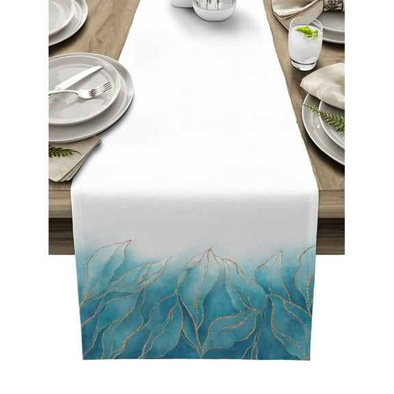 Table Runner Dresser Scarves 90 Inch Long, Geometric Gold Stripe Leaves Plant Linen Dining Table Runners Abstract Blue White Color Ombre Tabletop Scarf for Wedding Holiday Party Kitchen