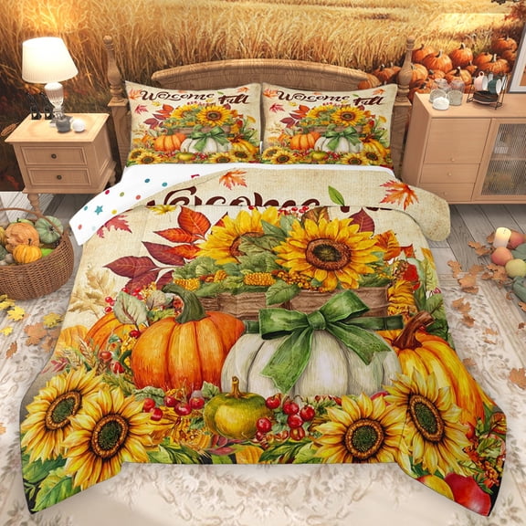 Homewish Teens Boys Girls Bow Pumpkin Sunflower Bedding Comforter Set 2pcs,Autumn Fall Harvest Twin Comforter Sets Microfiber,Retro Vintage Farmhouse Breathable Bedding Set,Lightweight Room Decor