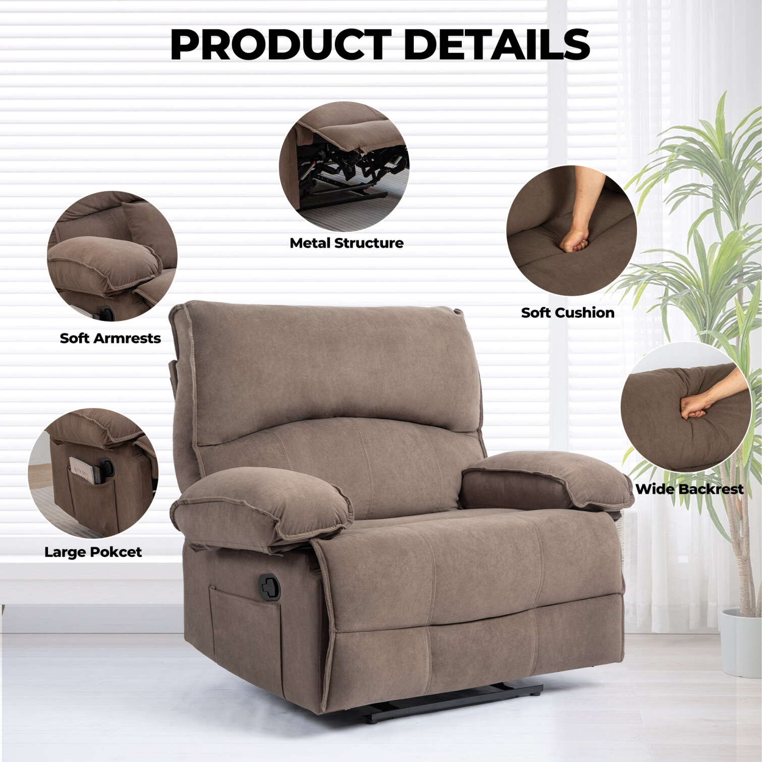 Oversized Recliner Chair, Large Wide Seat Manual Comfortable Recliner with Pockets,Recliner Chair Lounge Chair for Adults Living Room, 350 lb Weight Capacity, Brown