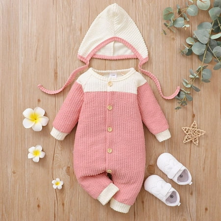 

12-18m Yidarton 2022 infant and toddler autumn and winter long-sleeved elastic buckle vertical row of buttons color blocking fashion hat harness jumpsuit crawl clothes Pink