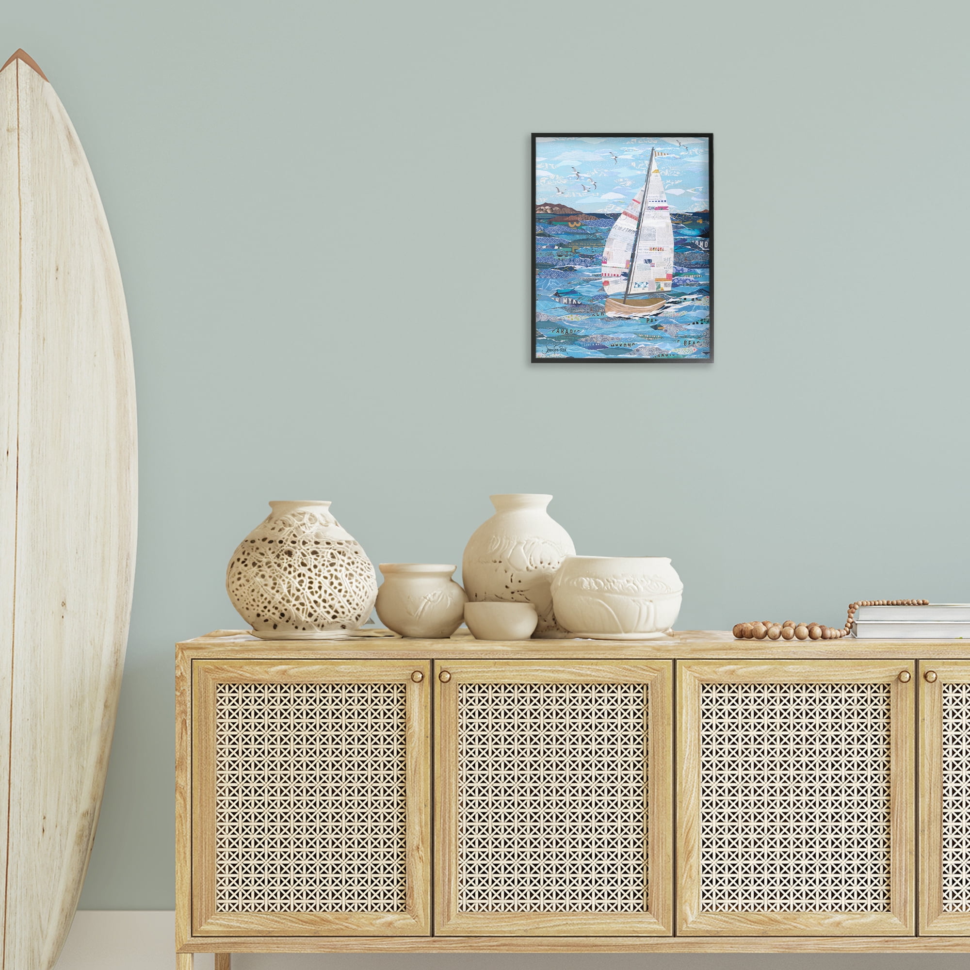 Stupell Industries Collaged Sailboat Scene Transportation Painting Black Framed Art Print Wall Art, 16 x 20