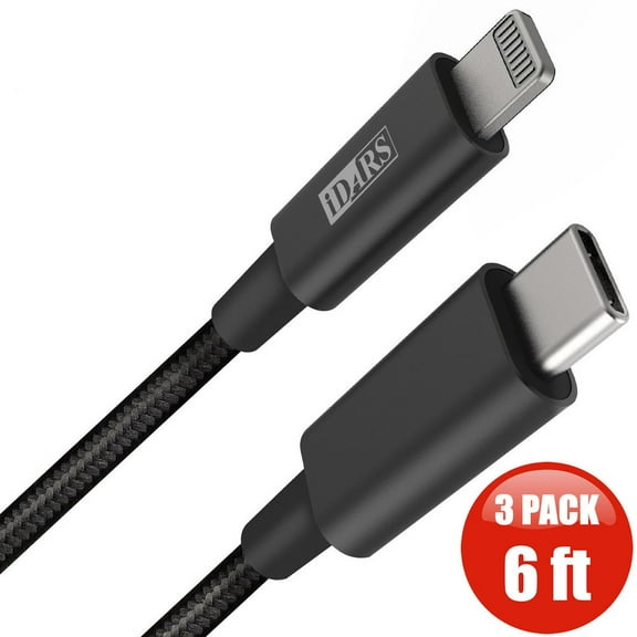 3-Pack iDARS MFi Certified PD Fast Charge USB-C to Lightning Braided Cable (6 ft) - Black