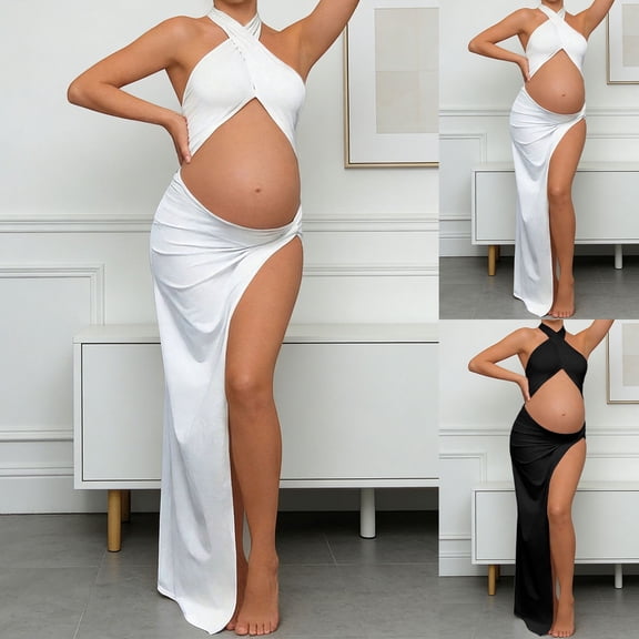 YMNXA Women's Maternity Dress Sleeveless Halter Neck Solid Color Side Slit Hollow Out Elegant Fashion Pregnant Dresses For Photography Party Wear,Black,L