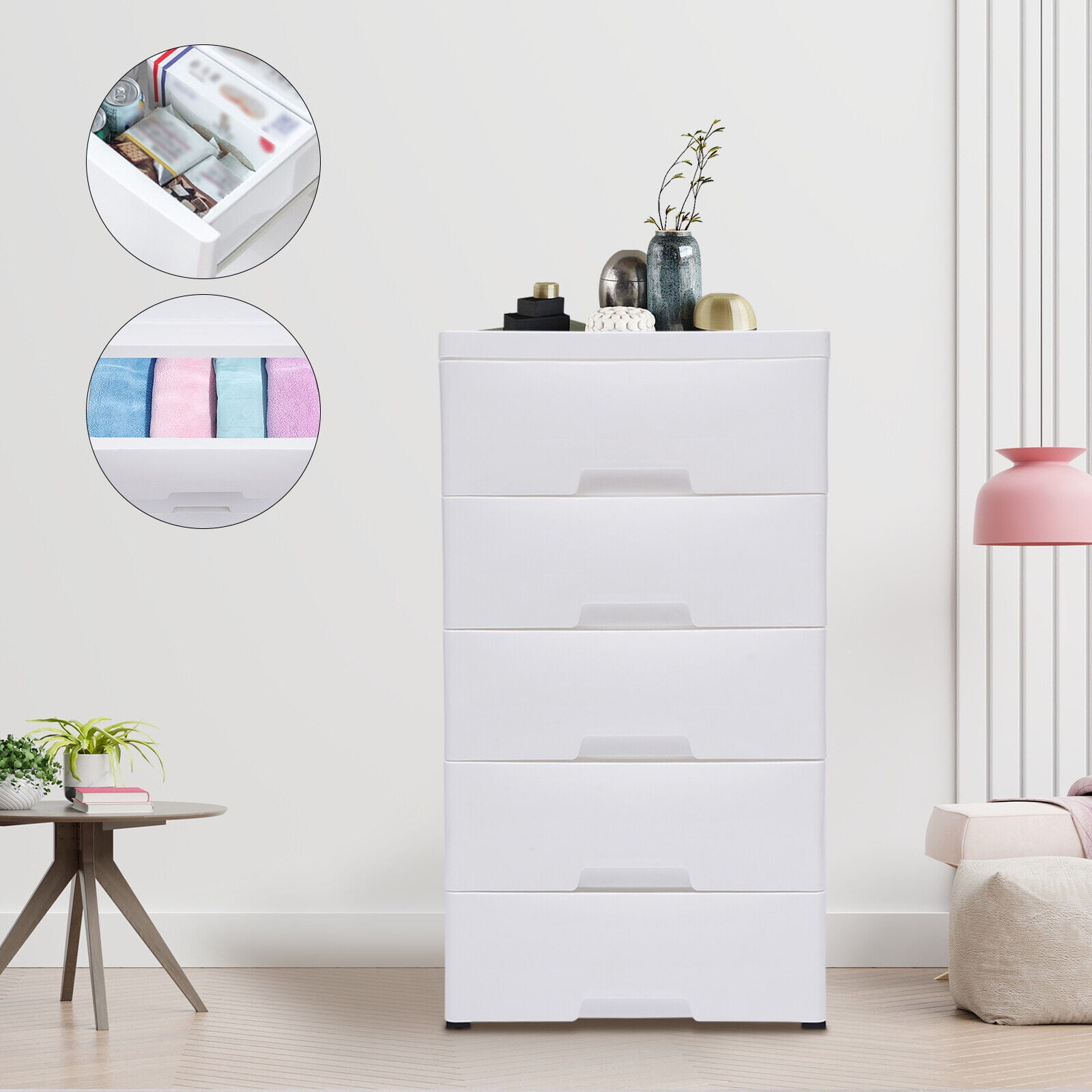 5 Layer Plastic Storage Cabinet Detachable Drawer Tower Case Clothes Organizer w/ Wheels