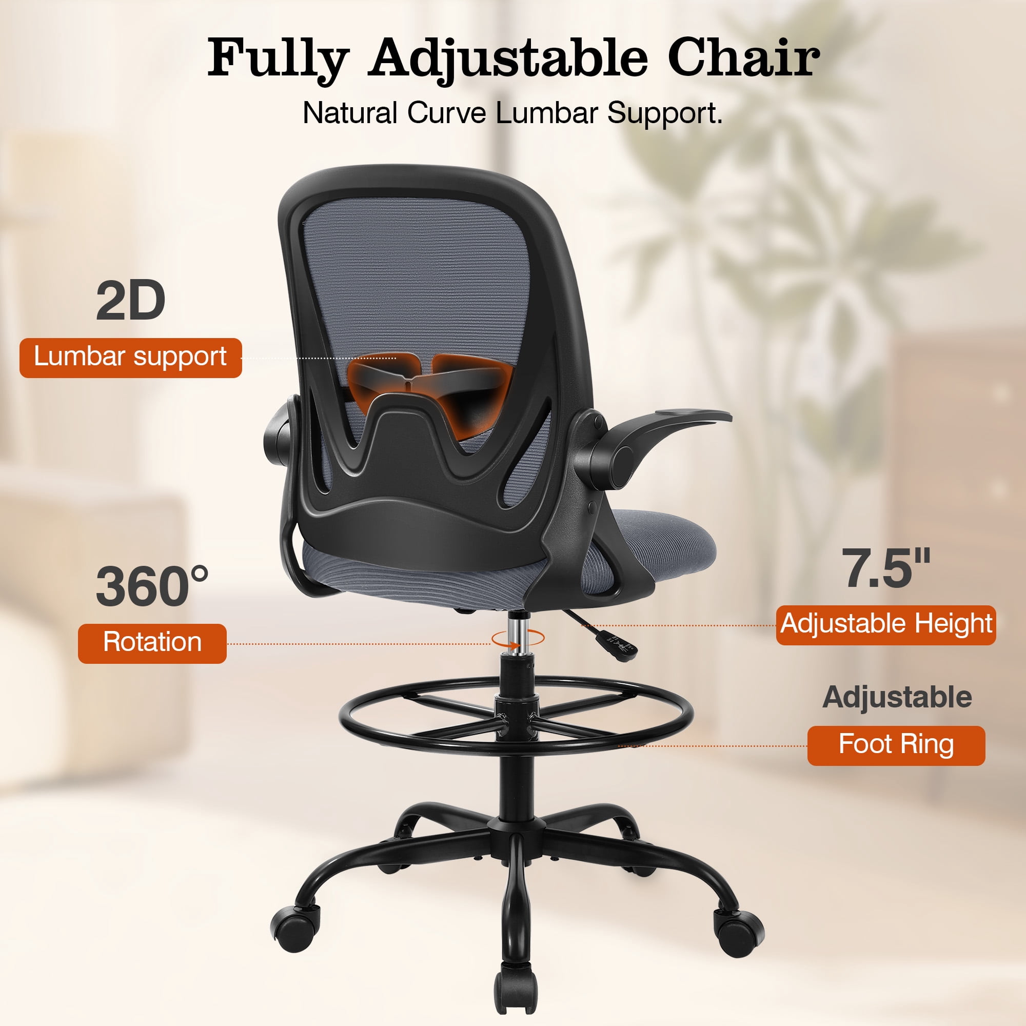 COOLHUT Tall Office Chair 400lbs with Footrest Ring, Standing Desk Chair with Flip-up Armrests, Adjustable Swivel Rolling Mesh Standing Desk Stool with Lumbar Support for Adults, Dark Gray