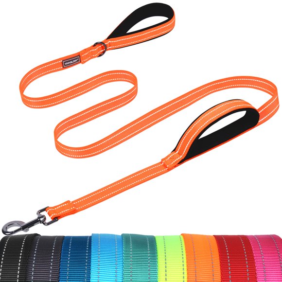 VIVAGLORY Laisse pour Chien Twingrip, Laisse Double Poignée pour l'Entraînement et la Marche avec Poignée de Circulation et 2 Boucles, Contrôle de Circulation Réfléchissant Robuste pour Chiot Animal de Compagnie, 4 Pieds x 1 Po, Orange