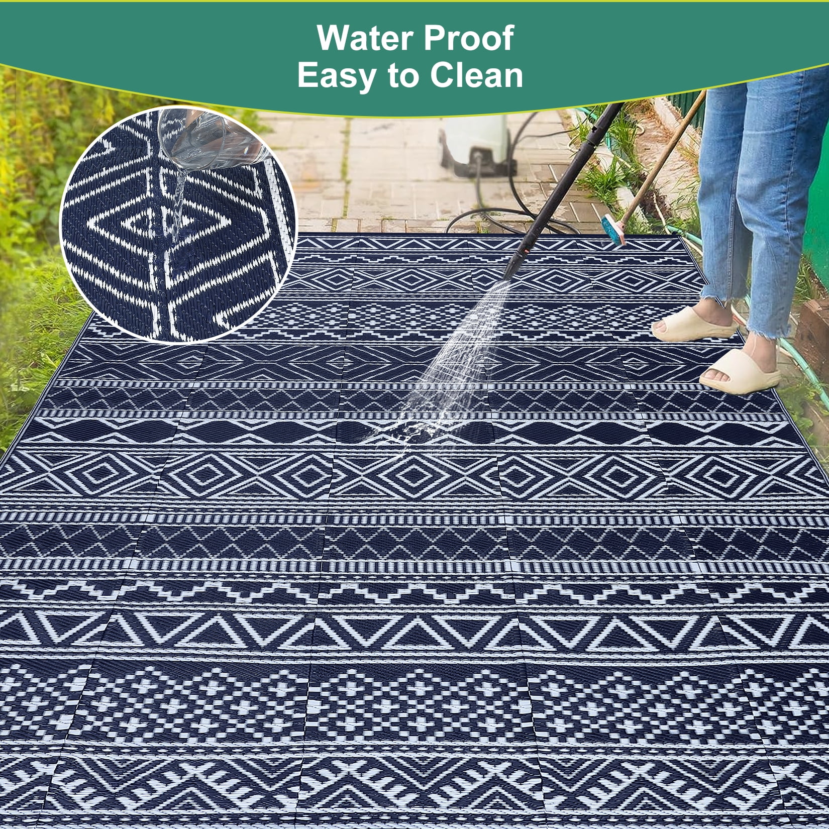 Garvee 9'x18' Plastic Outdoor Rugs, Bohemia Waterproof Straw Rug Reversible Indoor Outdoor Carpet for Patio RV Deck Porch Backyard Balcony Camping Picnic Beach, Dark Blue & White