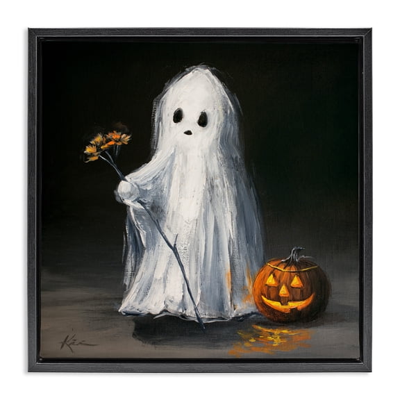Stupell Industries Vintage Halloween Ghost & Pumpkin Black Framed Floater Canvas Wall Art design by Lindsay Kivi Fine Art, 18 x 18