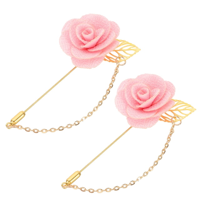 Uxcell 2Pcs Pin de Broche de Solapa de Flor con Hoja de Oro, Cadena de Borlas de Satén Colgante, Ramos Hechos a Mano para Cuello de Traje, Boda, Fiesta, Rosa Claro