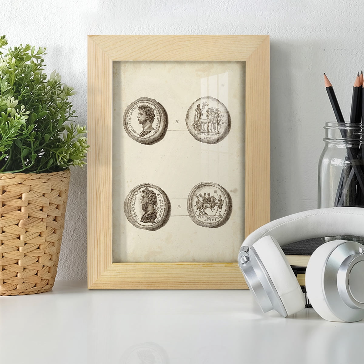 Antique Roman Coins VI -Framed Print w/glass-Natural Wood