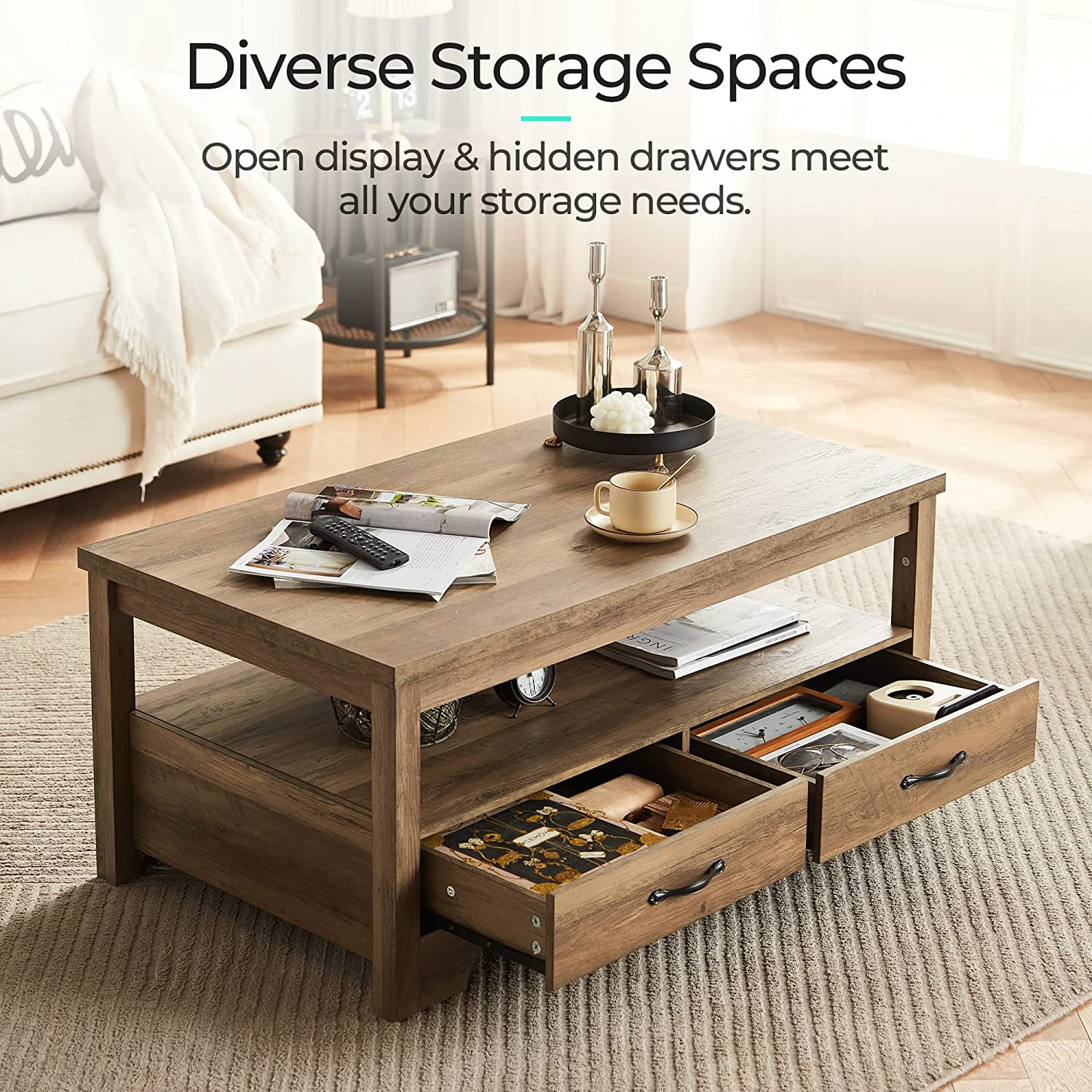 LINSY HOME Coffee Table with Storage Drawers, Wooden Farmhouse TV Stand Center Table for Living Room, Brown