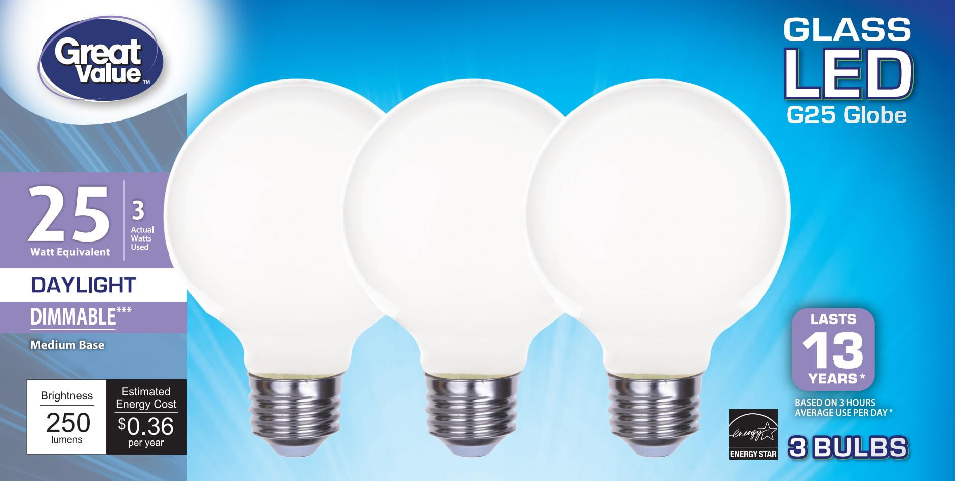 Great Value Daylight 25W Eqv G25 Light Bulbs, Opal Glass, 3 Pack