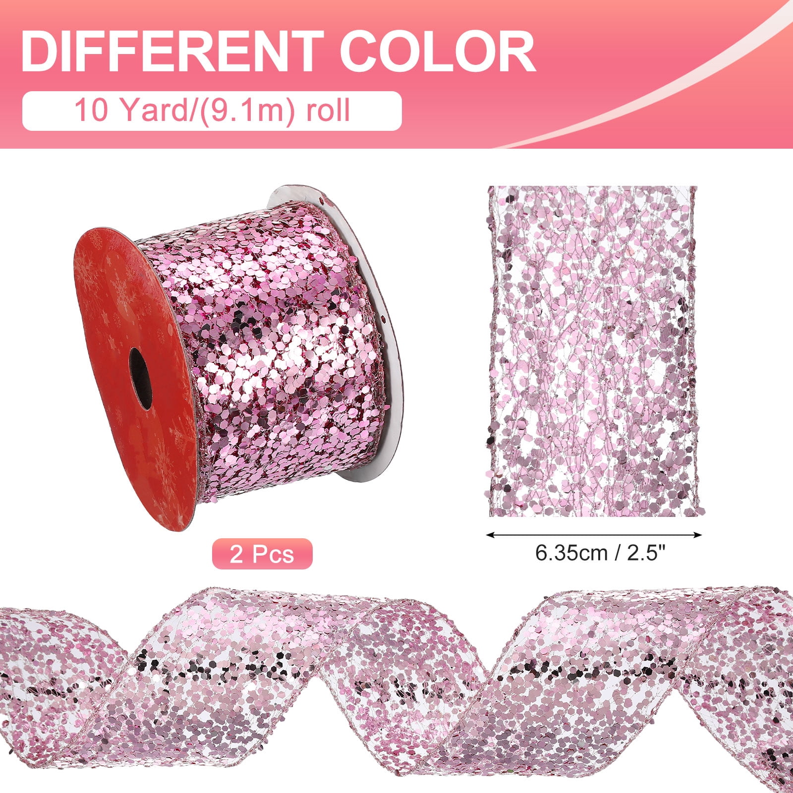 Uxcell Glitter Mesh Wired Ribbon for Bows Making Wedding Decor Gifts Crafts Pink