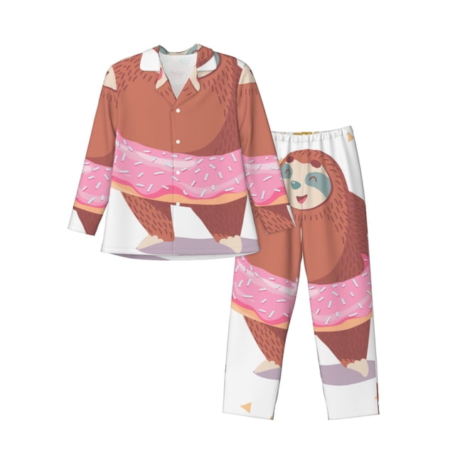 Balery Sloth with Donuts1 Pijama para Hombre de Dos Piezas con Manga Larga, Conjunto de Dormir y Descanso Suave con Bolsillos-Large
