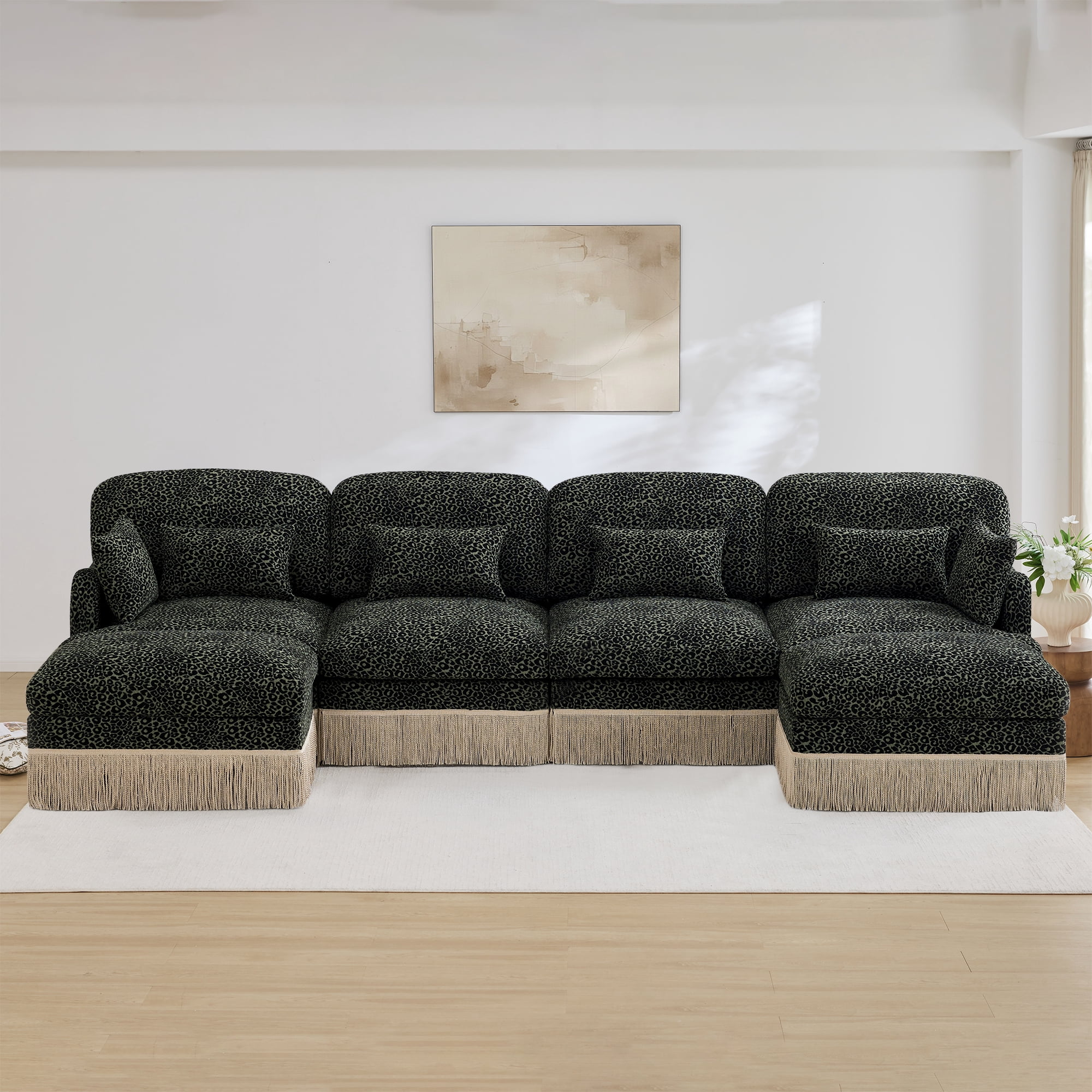 131" Chenille Leopard Tassel Deep Seat U Shape 4 Seater Modular Sofa Couch with 6 Throw Pillows and 2 Ottoman