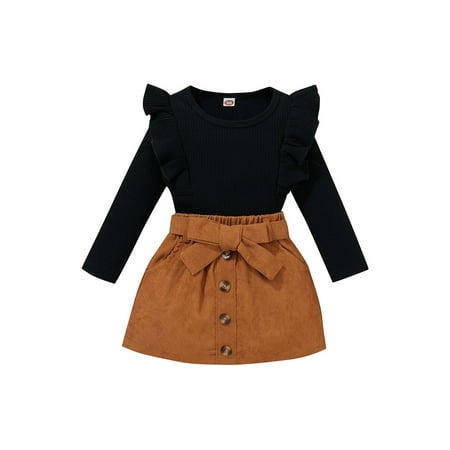 

uukiA Infant Baby Girls 9-24M +2-4T Solid Color Long Sleeve Top Corduroy Skirt Two Piece Set