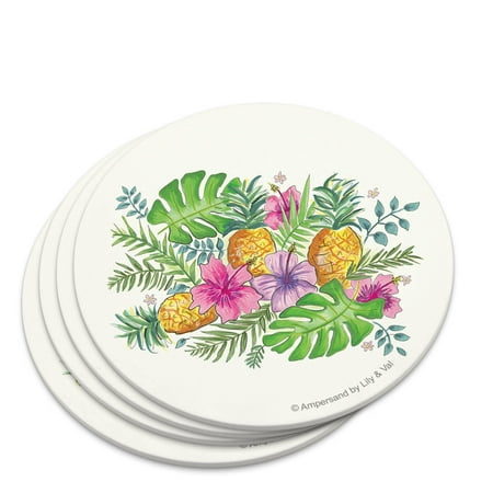 

Tropical Flowers Hibiscus Pineapple Palm Leaves Novelty Coaster Set