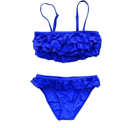 

Chaoren 2Pcs Children Girls Solid Color Hollow Ruffles Strappy Bikini Swimsuit Swimwear