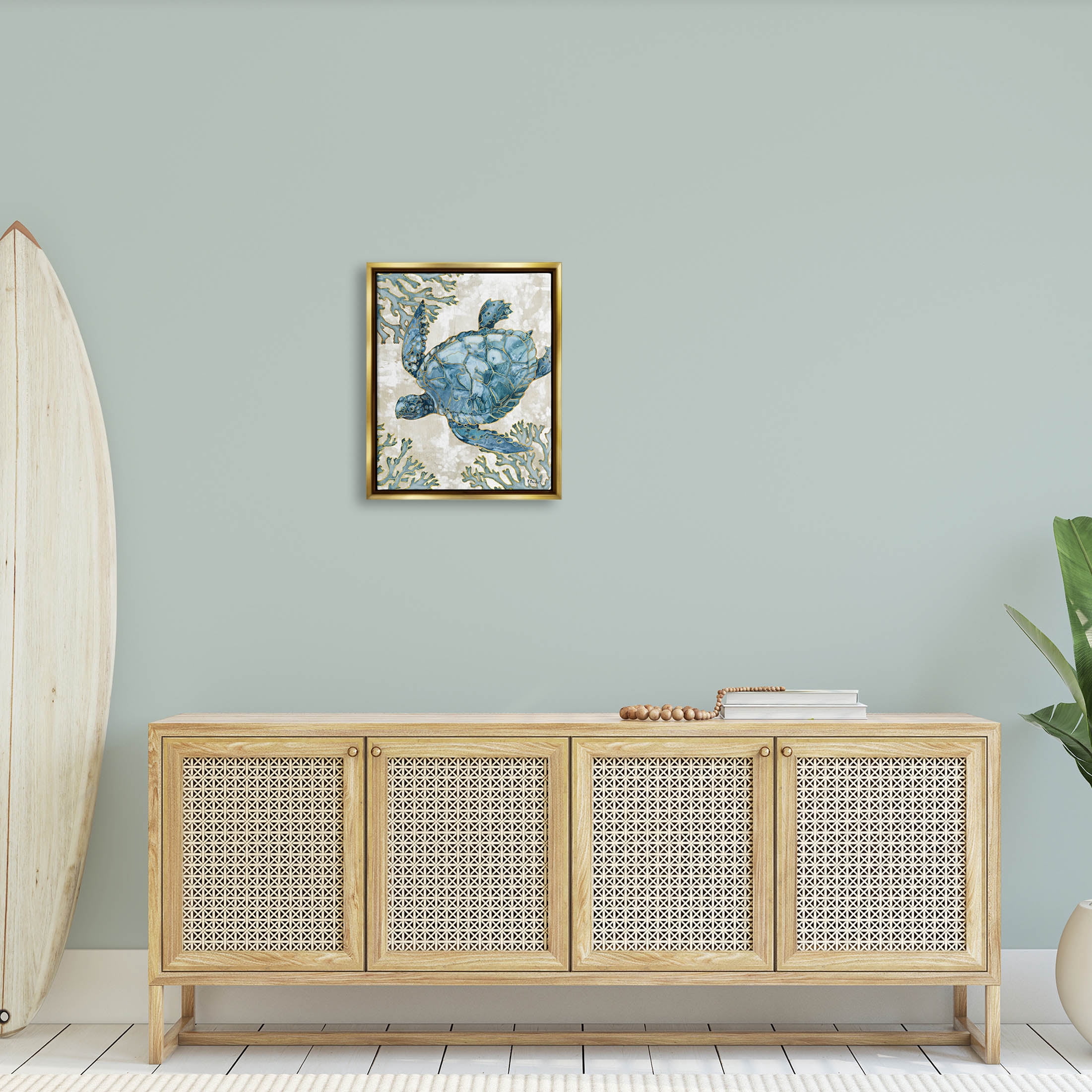 Stupell Industries Sea Turtle Swimming Playa Sealife Graphic Art Metallic Gold Floating Framed Canvas Print Wall Art, Design by Paul Brent
