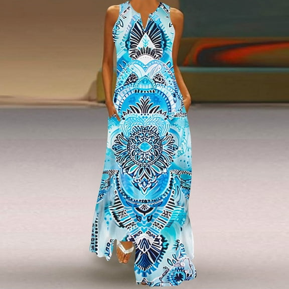 Fartey Summer Maxi Dresses for Women 2025 Vintage Boho Dress Floral Printed V-Neck Long Dresses Casual Loose Fit Beach Sundress with Pockets Blue S-2XL
