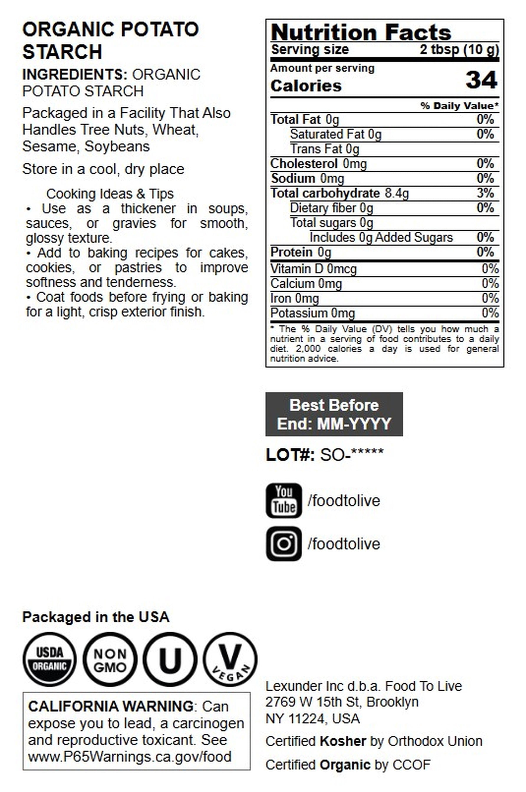 Organic Potato Starch, 2 Pounds — Non-GMO, Vegan, Kosher — by Food to Live