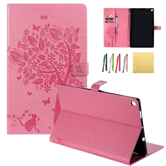 Fire HD 10.1 2017 & 2015 Case, Allytech Embossed Cat & Tree PU Leather Stand Folio Wallet Case Cover with Credit Card Slots for Amazon Fire HD 10.1 (5th/7th Generation, 2015 & 2017), Pink